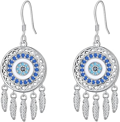 Dream Catcher Crystal/Evil Eye Dangle Drop Earrings 925 Sterling Silver Dreamcatcher Jewelry Presents for Women Wife Mom Girls Christmas Mothers Day Anniversary