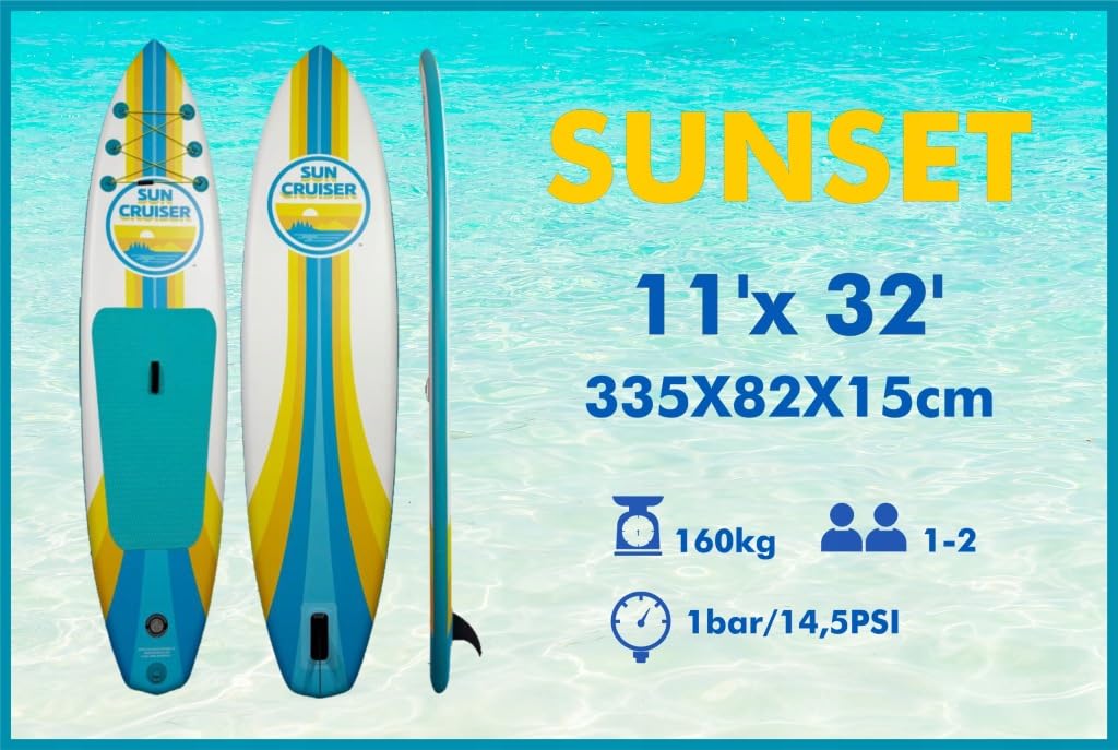 SUP Board Palm Beach 335x82x15cm Aufblasbar Set Paddel Pumpe Leash | Rutschfeste EVA-Fläche, Premium-Material, 3-teiliges Paddel, Finne, Reparaturset, Rucksack inklusive