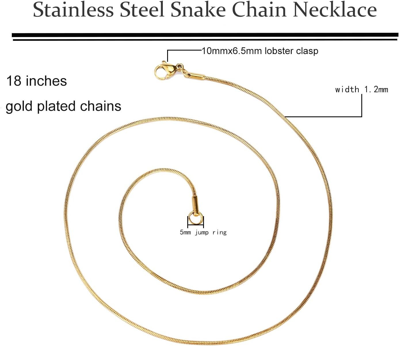 12 Pack Snake Chains 18 Inches Gold Plated Stainless Steel Snake Chain Necklace with Lobster Clasps for DIY Jewelry Making, 1.2mm - Image 2