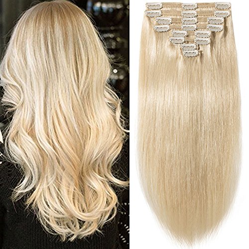 s-noilite 10"-22" Thick Double Weft 130-160g Grade 7A 100% Clip in Remy Human Hair Extensions Full Head 8 Piece (14"-120g #60 Platinum Blonde)