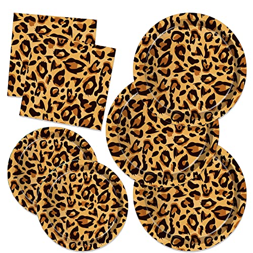 CC HOME Leopard Print Birthday Paper Plates Disposable Tableware Set Supplies Tissue Theme Dinnerware Cutlery Kits Serves 24 Guests 88PCS