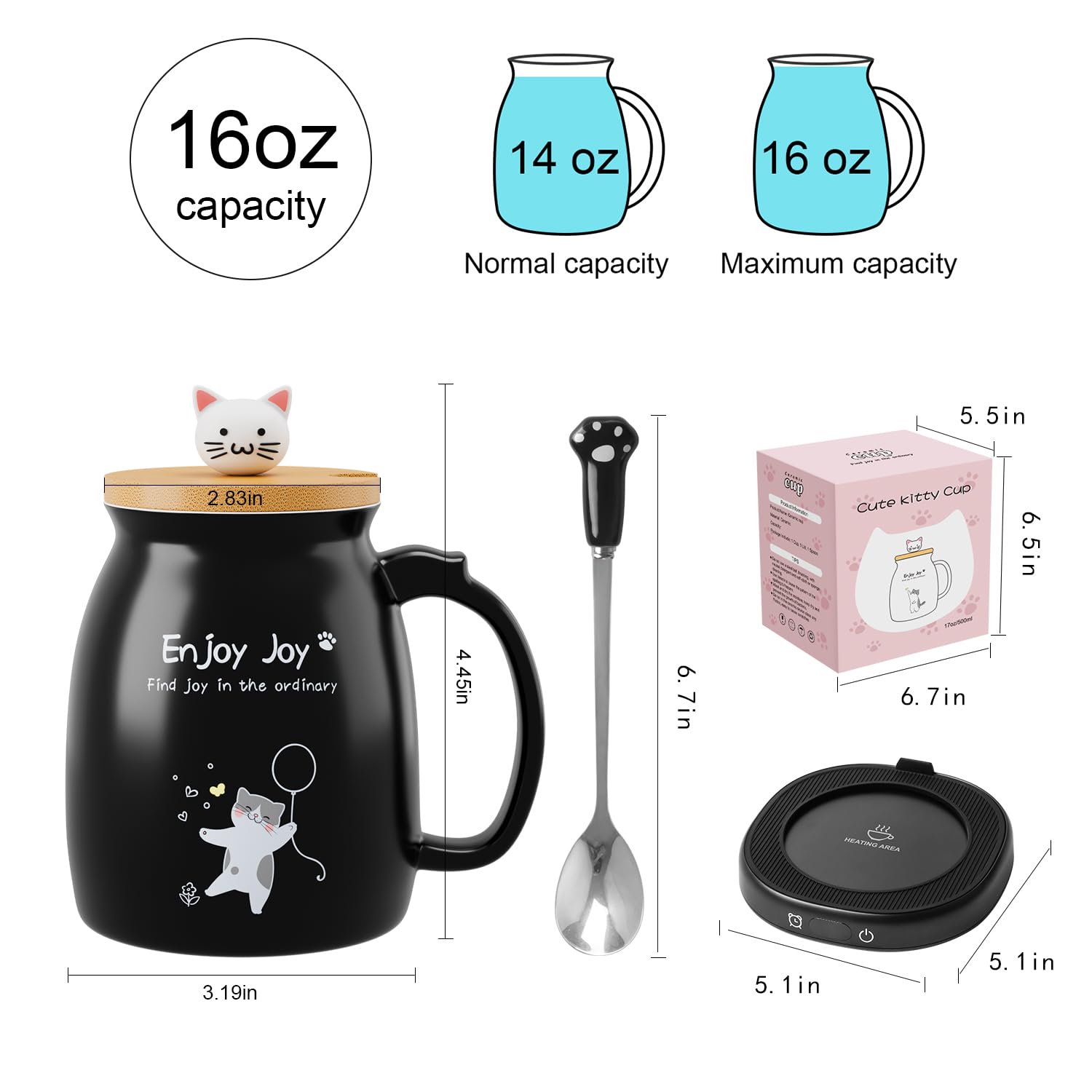 Calentador de tazas de café con bonito juego de tazas de gato, calentador de tazas de apagado automático de 8 horas para escritorio, oficina, hogar, calentador de café eléctrico con 4 ajustes de