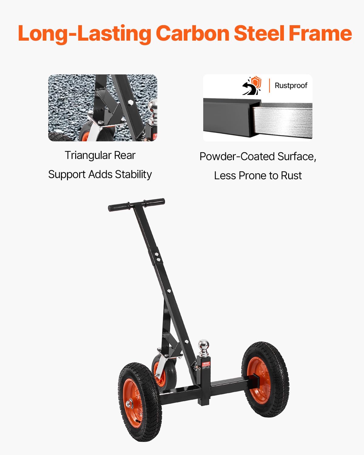 VEVOR Carrello per Rimorchio in Acciaio al Carbonio Regolabile in Altezza 42,5 cm a 56 cm, Sfera di Attacco e Pneumatici, Trasportatore Spostamento Rimorchi per Camper, Capacità 454 kg