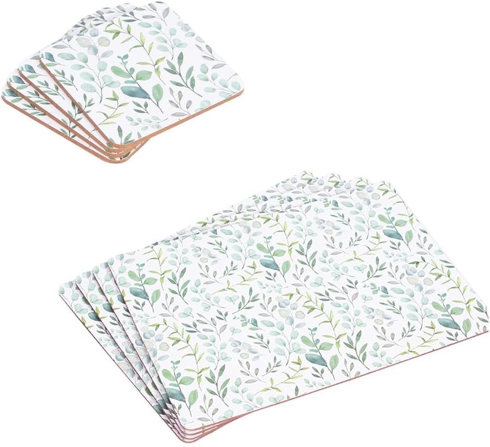 YöL 4 Coasters + 4 Placemats Set Eucalyptus Dinner Plate Tea Coffee Table Protection