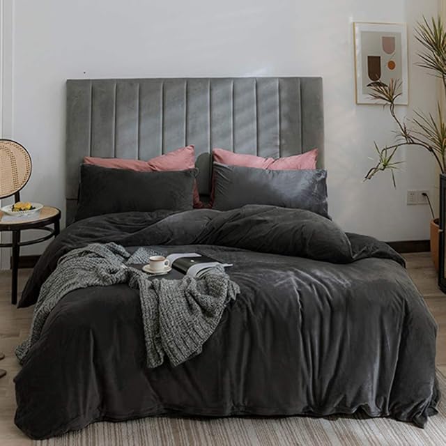 Michorinee Velvet Duvet Cover King Size Dark Grey Winter Crushed Velvet Bedding Set 3 Pieces Super Soft Warm Cozy Plain Grey Quilt Cover with Pillow Cases