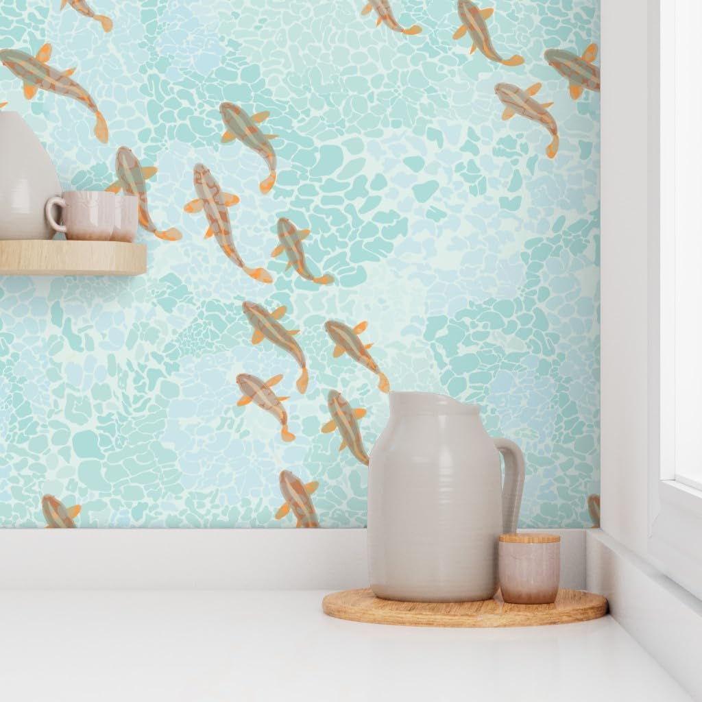 Peel & Stick Wallpaper 3ft x 2ft - Orange Fish Water Sea Ocean Wave Nautical Custom Removable Wallpaper by Spoonflower