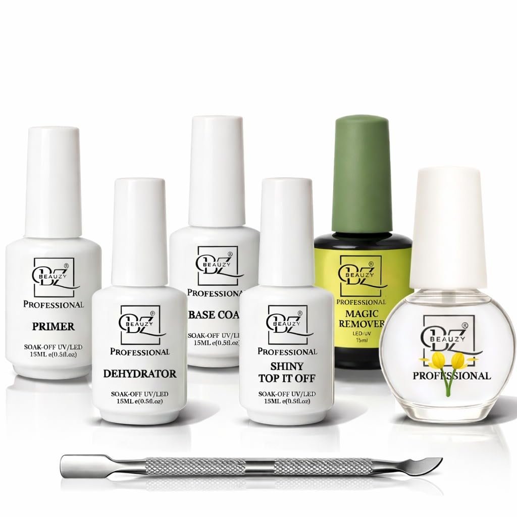 Nail Preparation Combo Kit with Primer, Foundation, Base Coat, Shiny Top It Off, Magic Remover, Cuticle Oil & Dual Cuticle Pusher | Complete Salon Gel Nail Prep & Care System (Lemon)