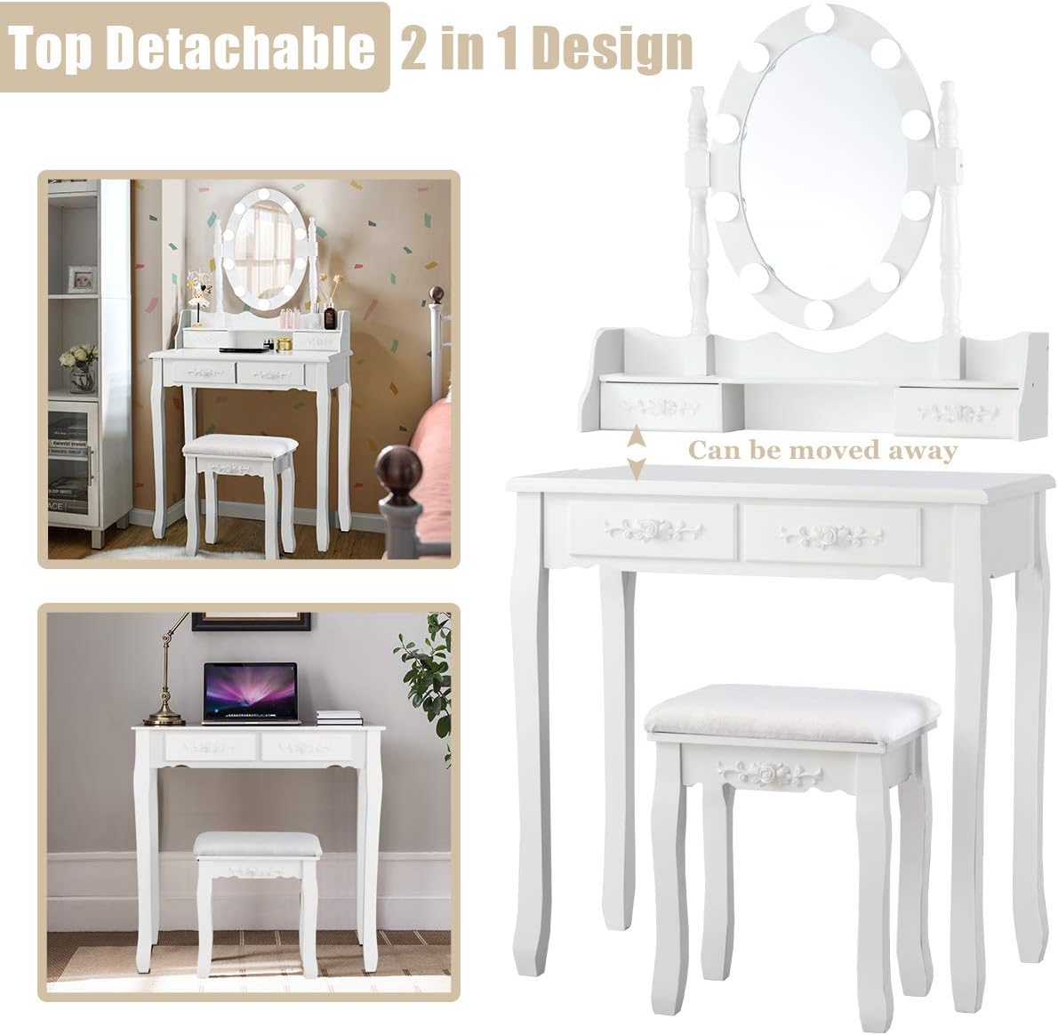 Giantex Vanity Table Set with 10 LED Lights, Makeup Dressing Table w/Lighted Oval Mirror and Touch Switch, Brightness Adjustable,4 Drawers Makeup Dressing Desk w/Cushioned Stool Set (White)