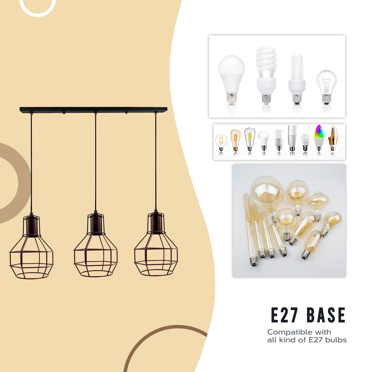 LEDSone Nowoczesny retro 3-drożny sufitowy wiszący klaster gniazdo klatka oświetlenie lampy sufitowe montaż czarny abażur dom UK E27 zestaw oświetlenia z płytą sufitową 50 cm (3 gniazdo czołowe)