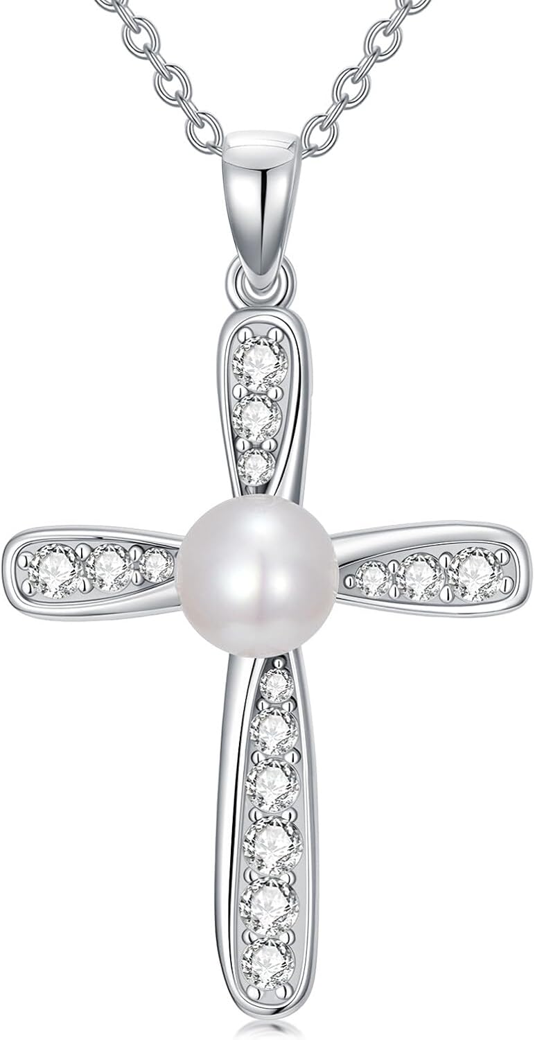 Cross Pearl Necklace Lucky Celtic Knot/Retro/Crown 925 Sterling Silver Freshwater Pearl White Gold with Moissanite Christmas Mothers Day for Mom Wife
