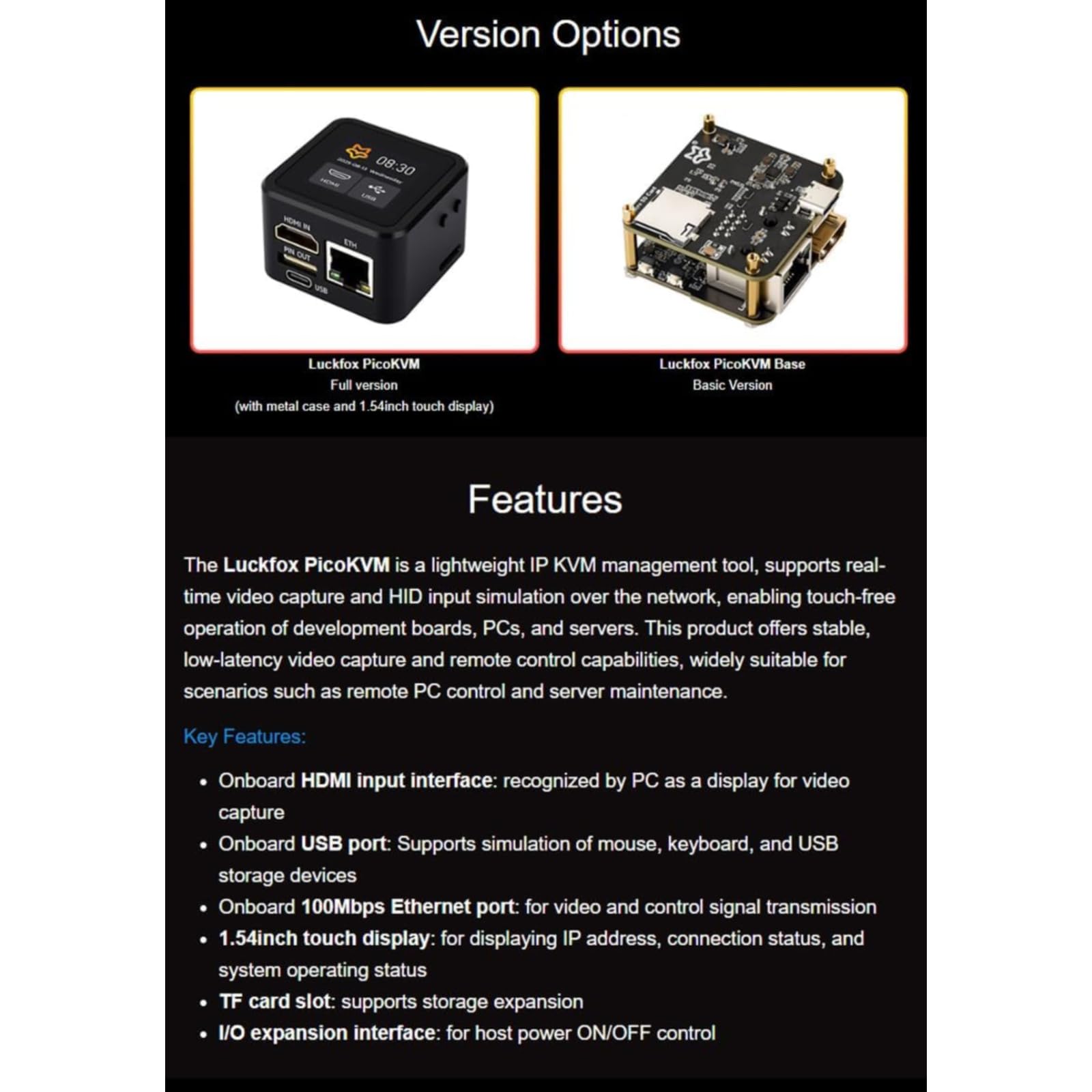 Luckfox PicoKVM Lightweight IP KVM Remote Management Tool Supports 1920 × 1080@60fps HDMI Video Input and HID Signal Output for Device Control (1 sztuka, zestaw podstawowy)