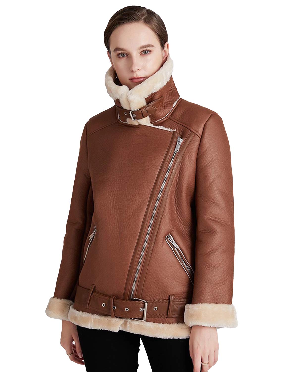 LY VAREY LIN Women's Faux Shearing Moto Jacket Thick Lined Parka Winter Shearling Coat Leather Jacket