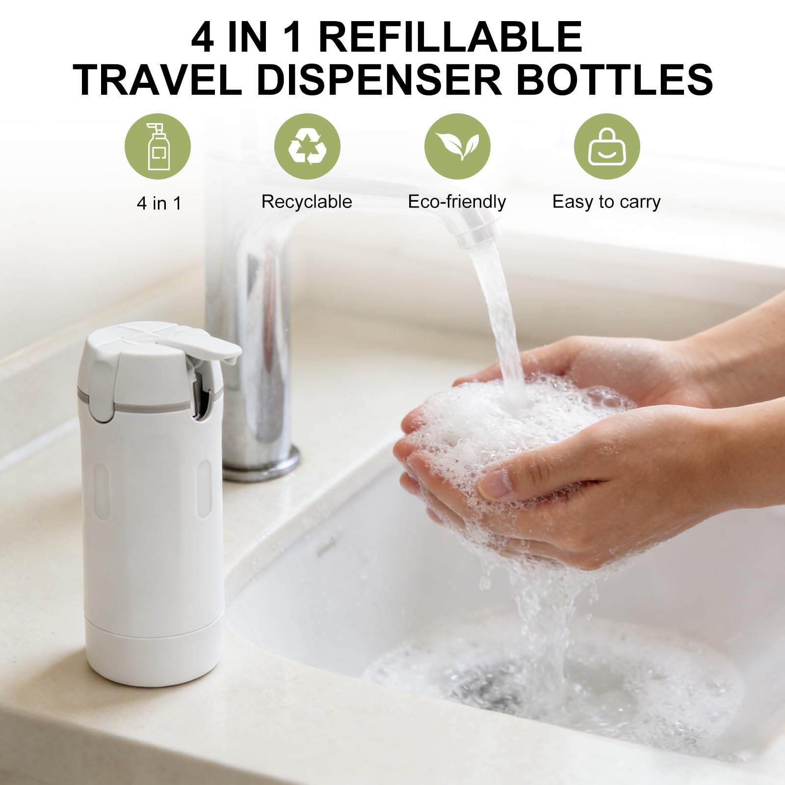 4 in 1 Bottiglie da Viaggio, Set Contenitori da Viaggio con Etichette, Bottiglie Ricaricabili per Shampoo, Balsamo, Lozione e Crema, Flaconi Portatili Antiperdita, Kit Viaggio Aereo Bagaglio a Mano