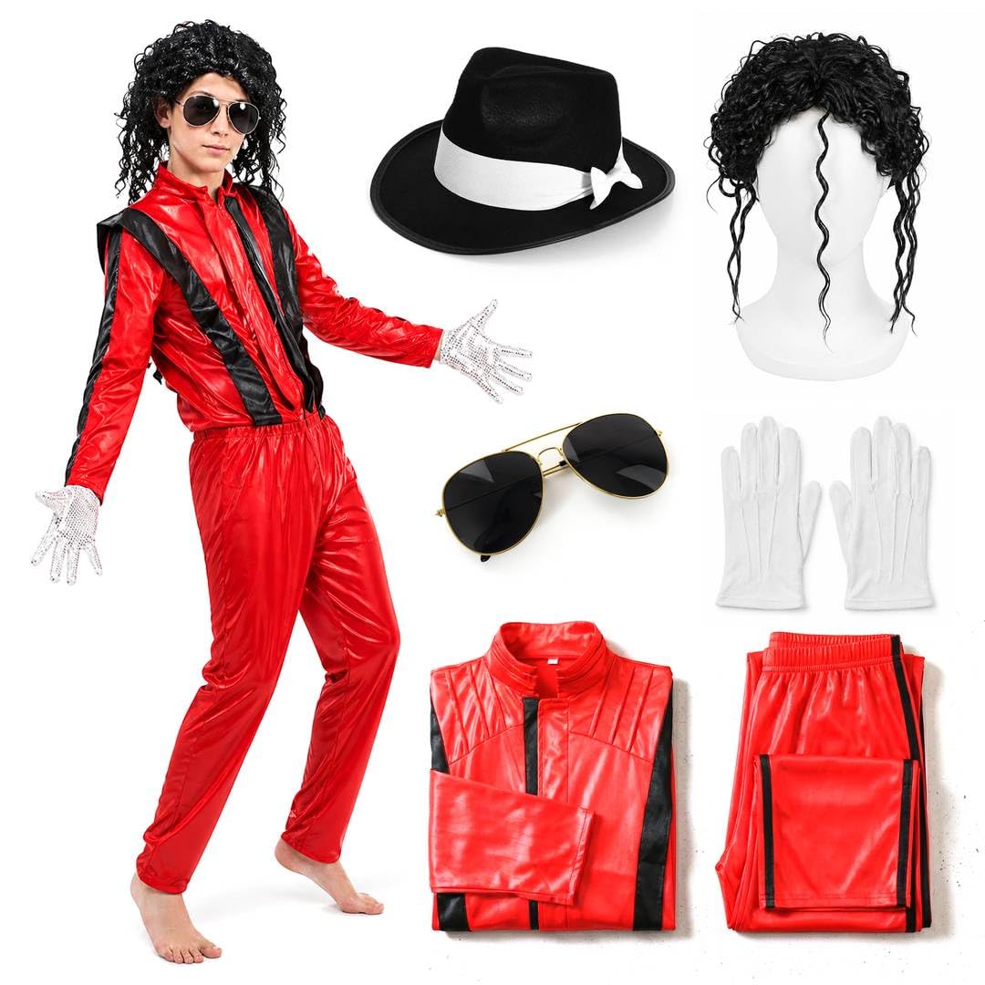 Zestaw kostiumowy dla dzieci w stylu gwiazdy pop w stylu lat 80. - kultowa czerwona kurtka i spodnie z kręconymi czarnymi okularami lotnika Fedora i białymi rękawiczkami - teledysk dla dzieci z lat 80