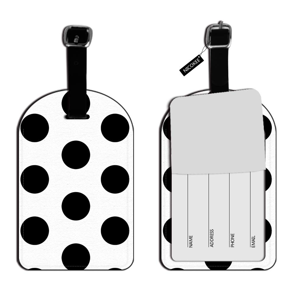 Nicokee Mega Polka Dots Black White Luggage Tags Suitcase Carry-On ID Travel Accessory Luggage ID Tag Leather Bag Labels