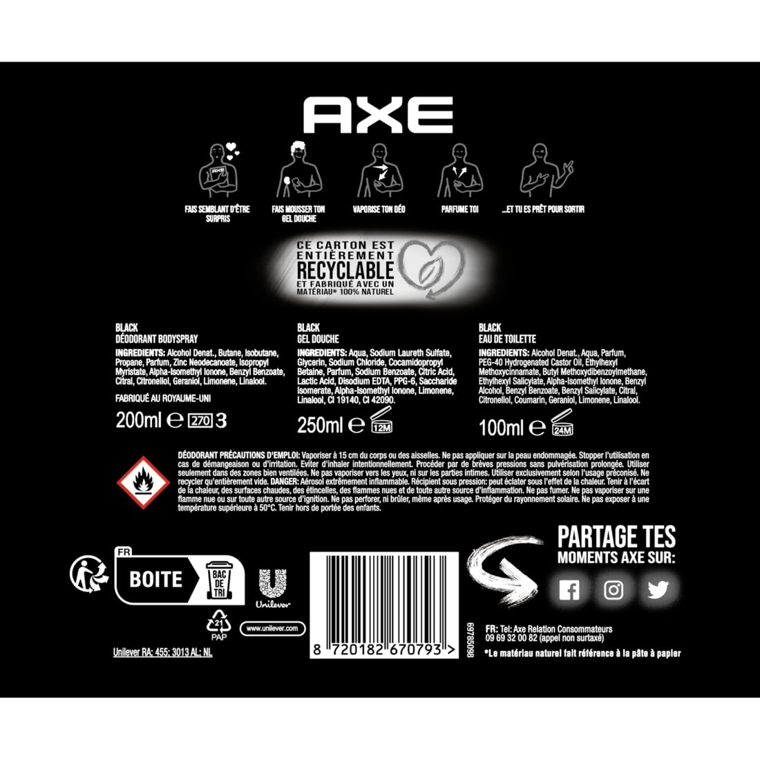 AXE - Cofanetto Black - 1 eau de toilette da 100 ml + 1 deodorante bodyspray da 200 ml + 1 gel doccia da 250 ml - Profumo bacche nere e legno di cedro per 48 ore