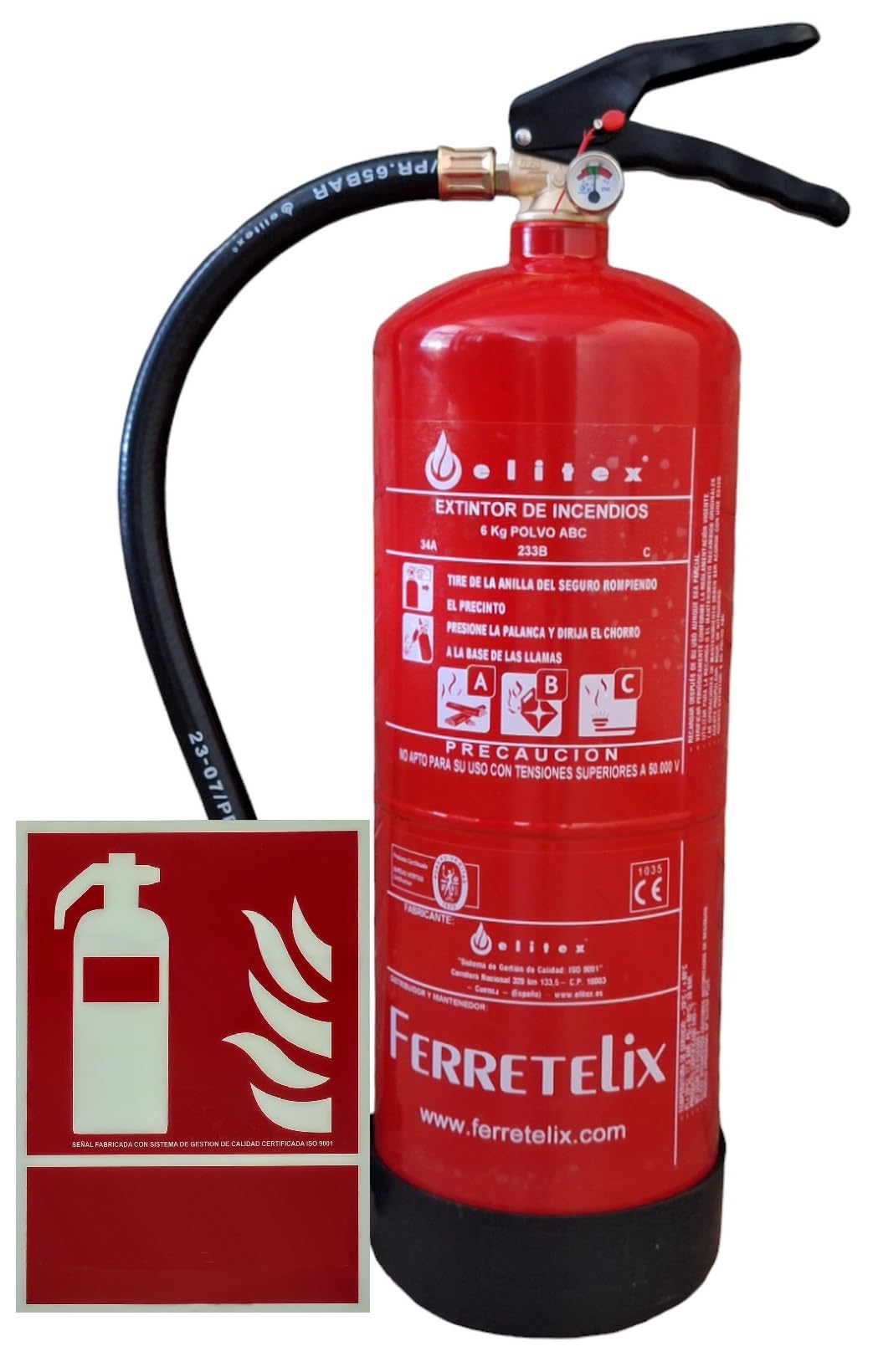 Ferretelix®. Extintor 6 kg polvo ABC ALTA EFICACIA 34A 233B + soporte de pared + cartel fotoluminiscente extintor. FABRICADO EN 2026