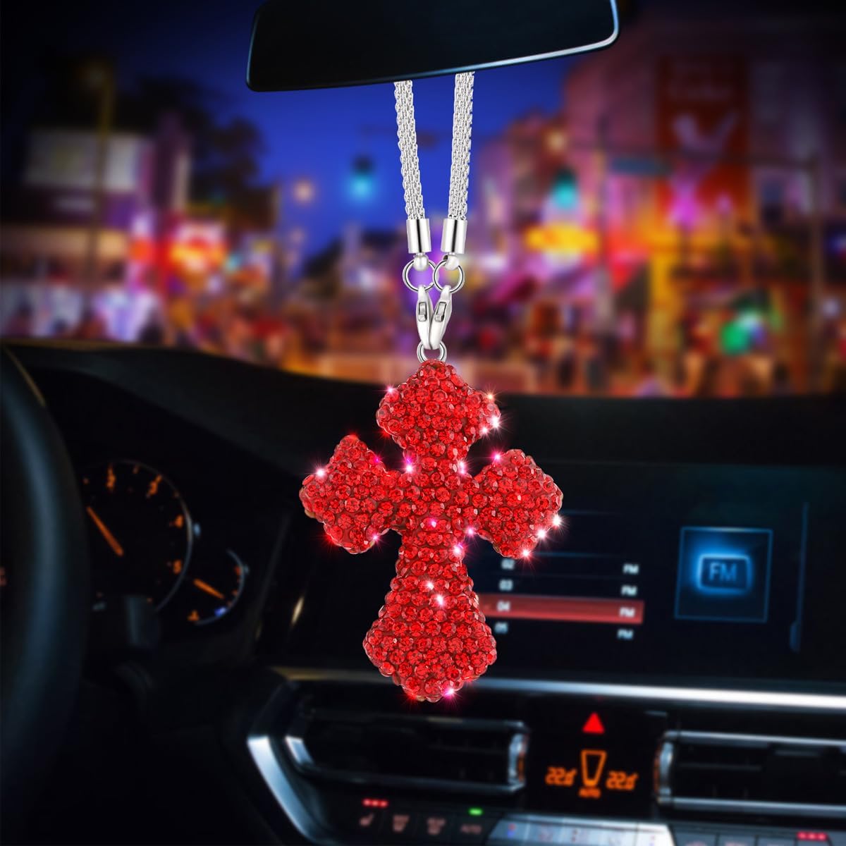 Bling Cross Car Rear View Mirror Ornament, Crystal Rhinestone Car Mirror Hanging Pendant, Religious Auto Interior Decoration Accessories for Men Women (Red)