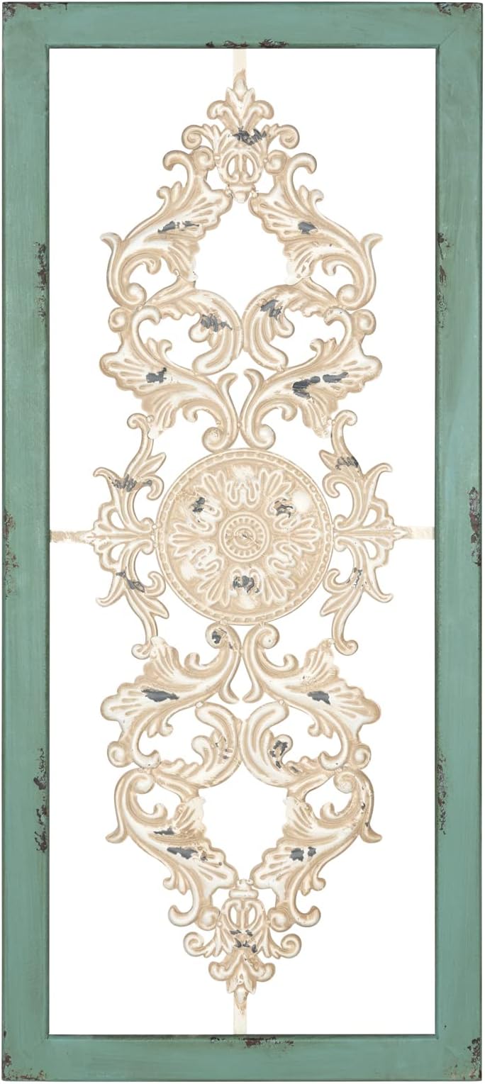 Stratton Home Decor Scroll Panel Wall Decor, Decorative Wall Panel Decor with Filigree Details for Any Room, Wrought Iron Wall Decor with Teal and White Distressed Finish, 36โx0.75โx16โ