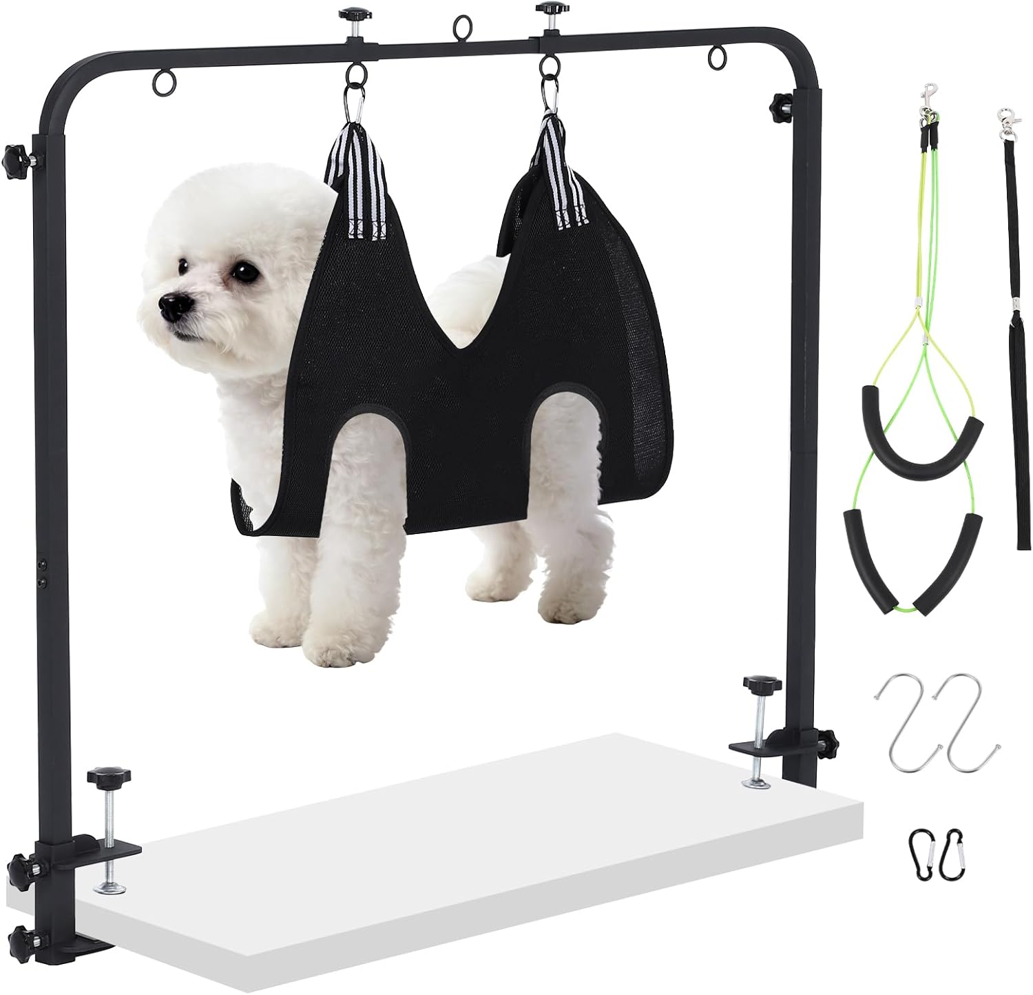 Adjustable Dog Grooming Arm for Table, [ 1 or 2 Arms Use] Dog Grooming Hammock for Home Use, Nail Trimming & Drying Hammock & 2 No-Sit Nooses