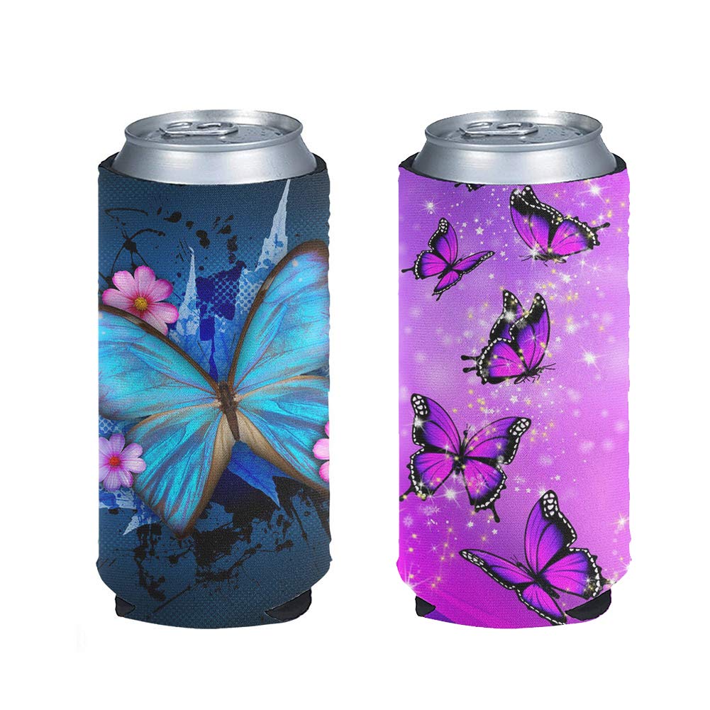 BIGCARJOB Crystal Butterfly Can Sleeve Slim Beer Can Cooler Sleeves - 2 Pack Neoprene Insulated Stubby Holder for Slim Cans Fits 12 oz Beer Cans
