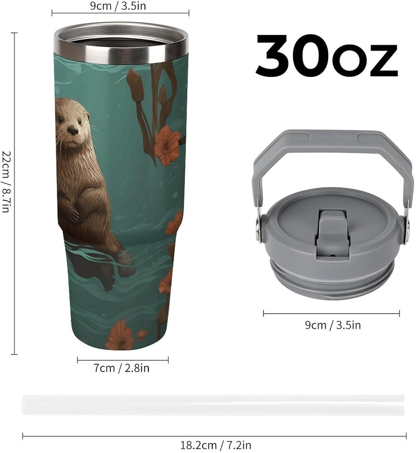 30oz Insulated Tumblers with Top Handle, Stainless Steel Otters in Love Car Cup with Straw for Gift, Leak-Proof Double Wall Vacuum Travel Mug, Personalized Water Bottles White