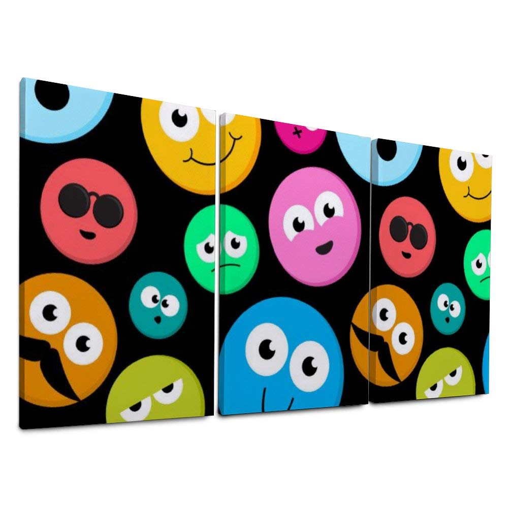 YATELI Stretched and Framed Shopping Canvas Prints Rainbow Emoji Cute Colorful Face Giclee 3 Panels Wall Decor for Living Room Modern Bathroom