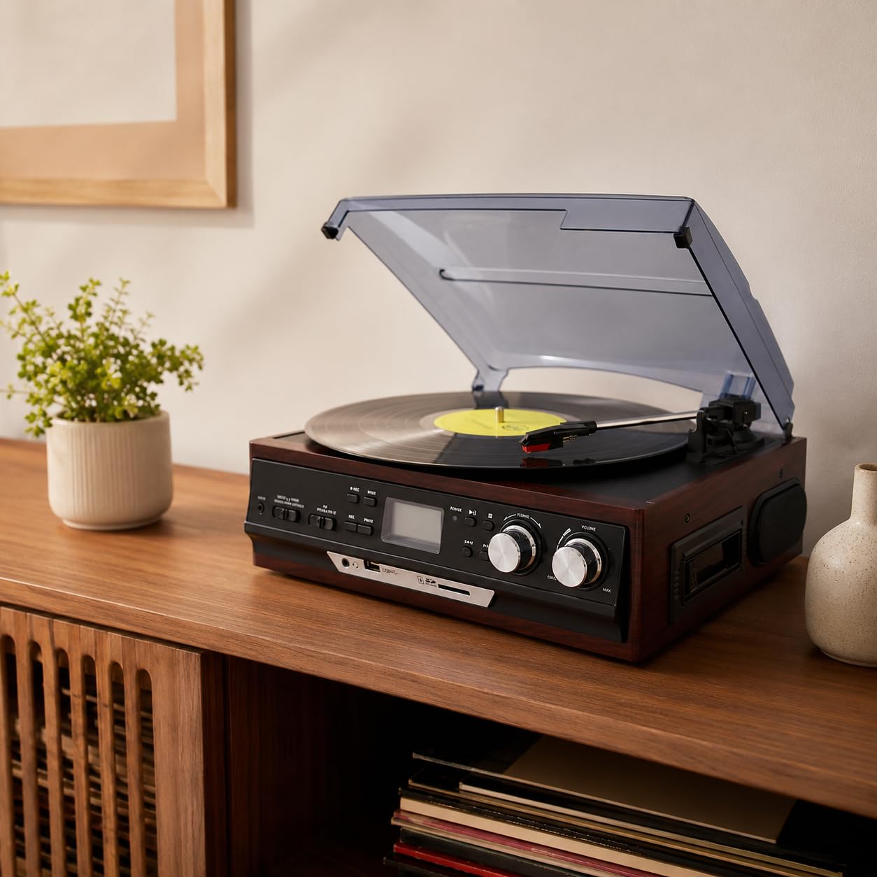 Giradischi retrò 4 in 1 con radio AM/FM, cassette e lettore CD, altoparlanti stereo doppi per la decorazione domestica