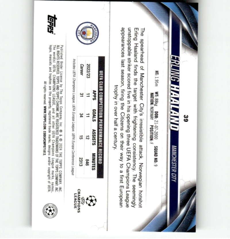 2023-24 Topps Chrome UEFA #39 Erling Haaland Manchester City Club Competitions Soccer Trading Card