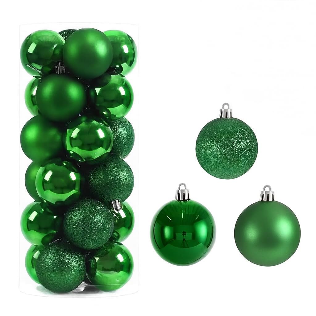 24 Pack Green Christmas Baubles 6cm – Shiny, Matt & Glitter Tree Decorations – Luxury Plastic Xmas Baubles for Christmas Tree, Garland, Wreaths & Home Décor