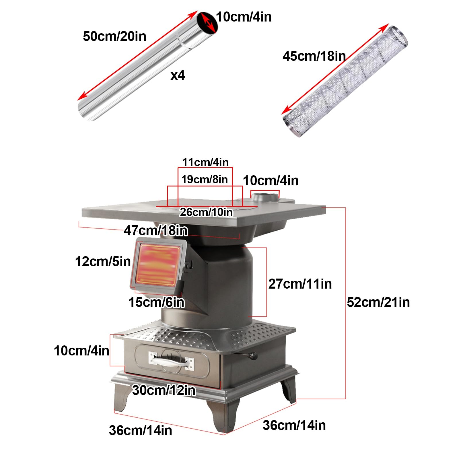 Stufa a Legna Ventilata in Acciaio Laminato a Freddo, Stufa a Legna Piccola, Include Camino e Accessori, per Tenda, Villa, Rifugio, Riscaldamento, Cucina Quotidiana(47 * 47 * 52cm/18 * 18 * 21in)