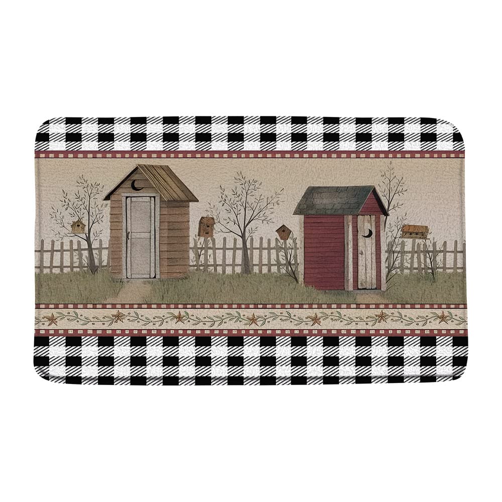 Ensound Primitive Outhouse Door Mat Rustic Vintage Birdhouse Black White Check Buffalo Plaid Wreath Vine Plant Rural Country Western Cabin Old Farmhouse Bathroom Mat Bath Decoration Rugs 24x16 Inch