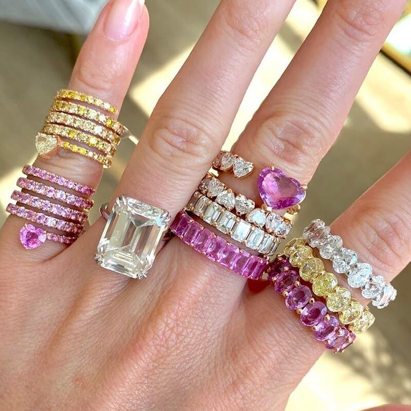 Razered Iced Out Bling 5A Engagement Rings For Women White Pink Oval Cubic Zirconia Eternity Band Stacking Classic Finger Jewelry2