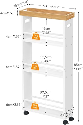 Miniatura 6 de HOOBRO Carrito de almacenamiento delgado de 4 niveles con bandeja extraíble, carrito de cocina con ruedas de bambú con almacenamiento, carrito de