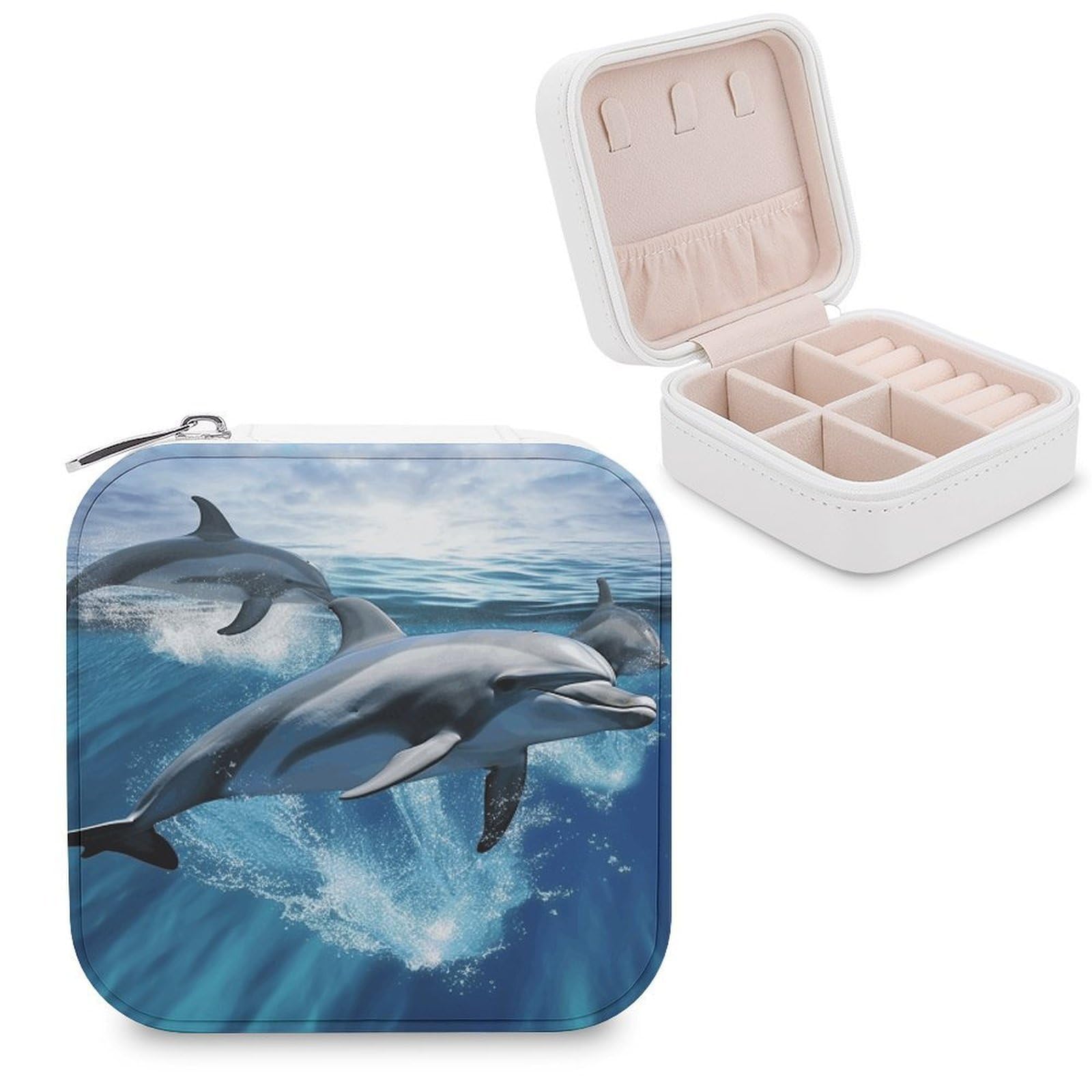 FekiLoot Dolphins Jewelry Box Custom Jewelry Travel Case Pu Leather Trinket Organizer Box to Organize Ring Pendant Earring Small Portable Jewelry Storage Holder for Women