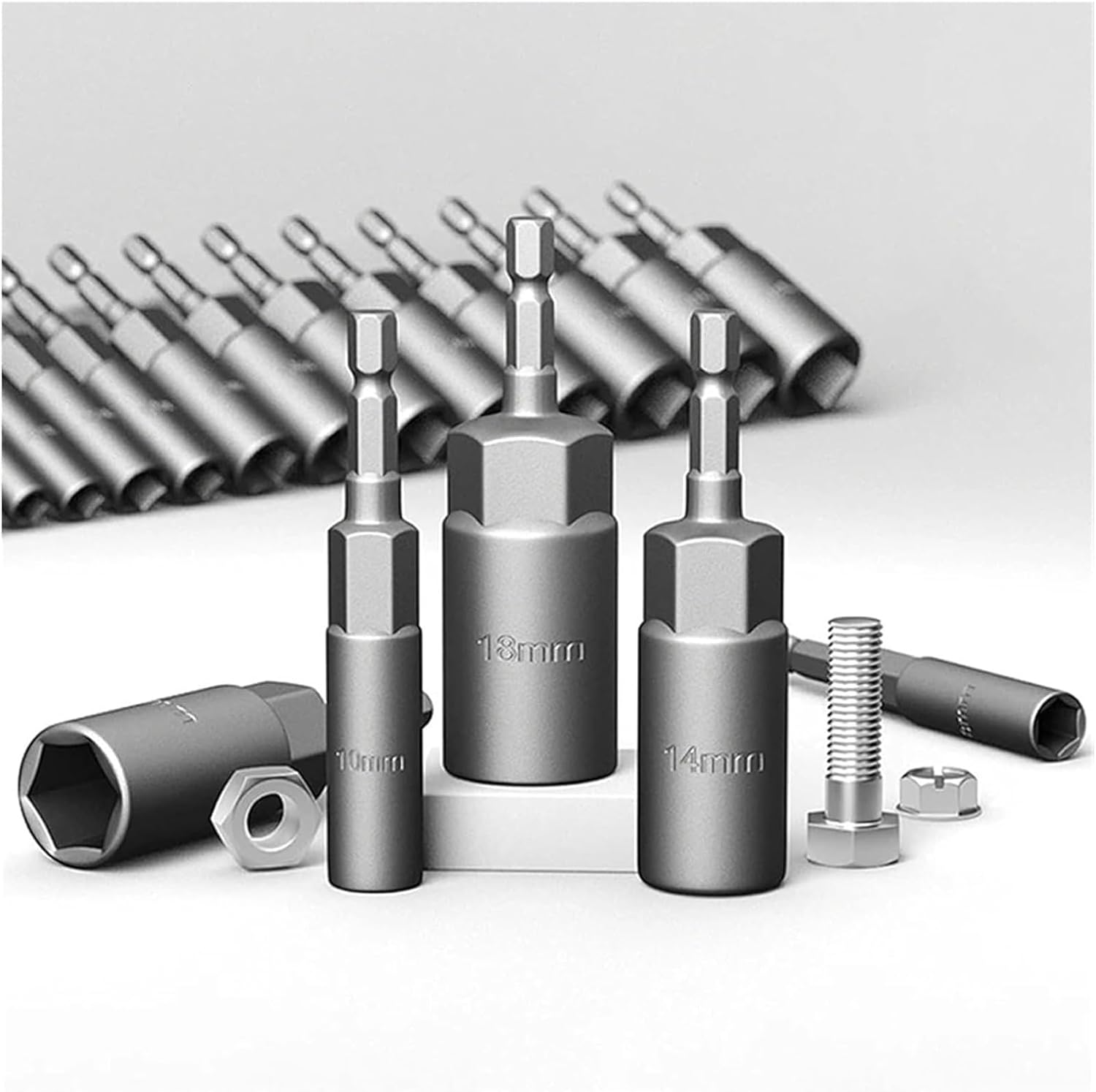 AHJYSM 15 * 15Pcs 80mm Length Deepen Power Nut Driver Drill Bit Set 5.5-19MM Impact Socket Adapter For Power Tools 6.35MM Hex Shank