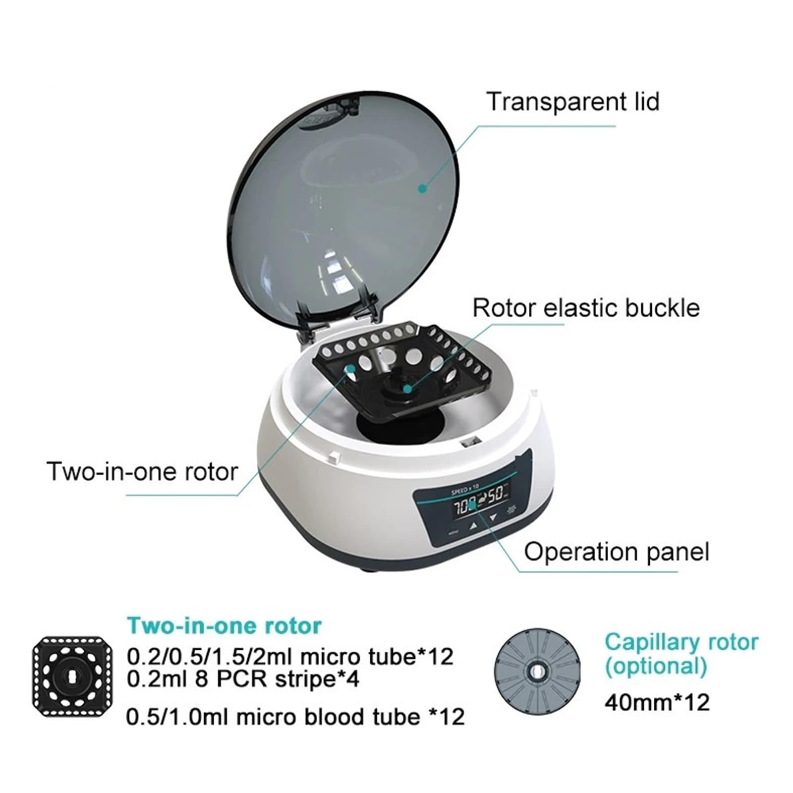 Centrifuga digitale ad alta velocità, microcentrifuga da laboratorio, 4000 giri/min, 12000 giri/min, provetta da centrifuga da 0,2/0,5/1,5/2 ml Funzionamento fluido(7Pro(1000-7000rpm))