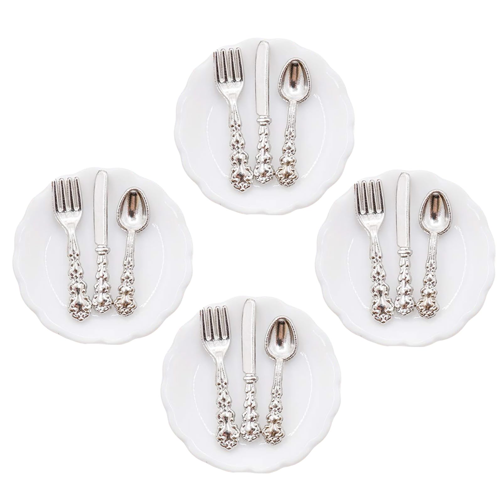 Bottone 4Sets Dollhouses Kitchen Tableware Set with Ceramic Plates and Metal Cutlery for Kitchen Display Project Decors Dining Set