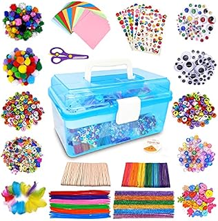 Irichna 1000+ Pcs Kids Craft Box Kit, Toddler Arts and Crafts for Kids Includes Pom Poms, Pipe Cleaners, Feather, Folding Craft Box - All in One for Kids Toddler DIY Craft Set (Blue)