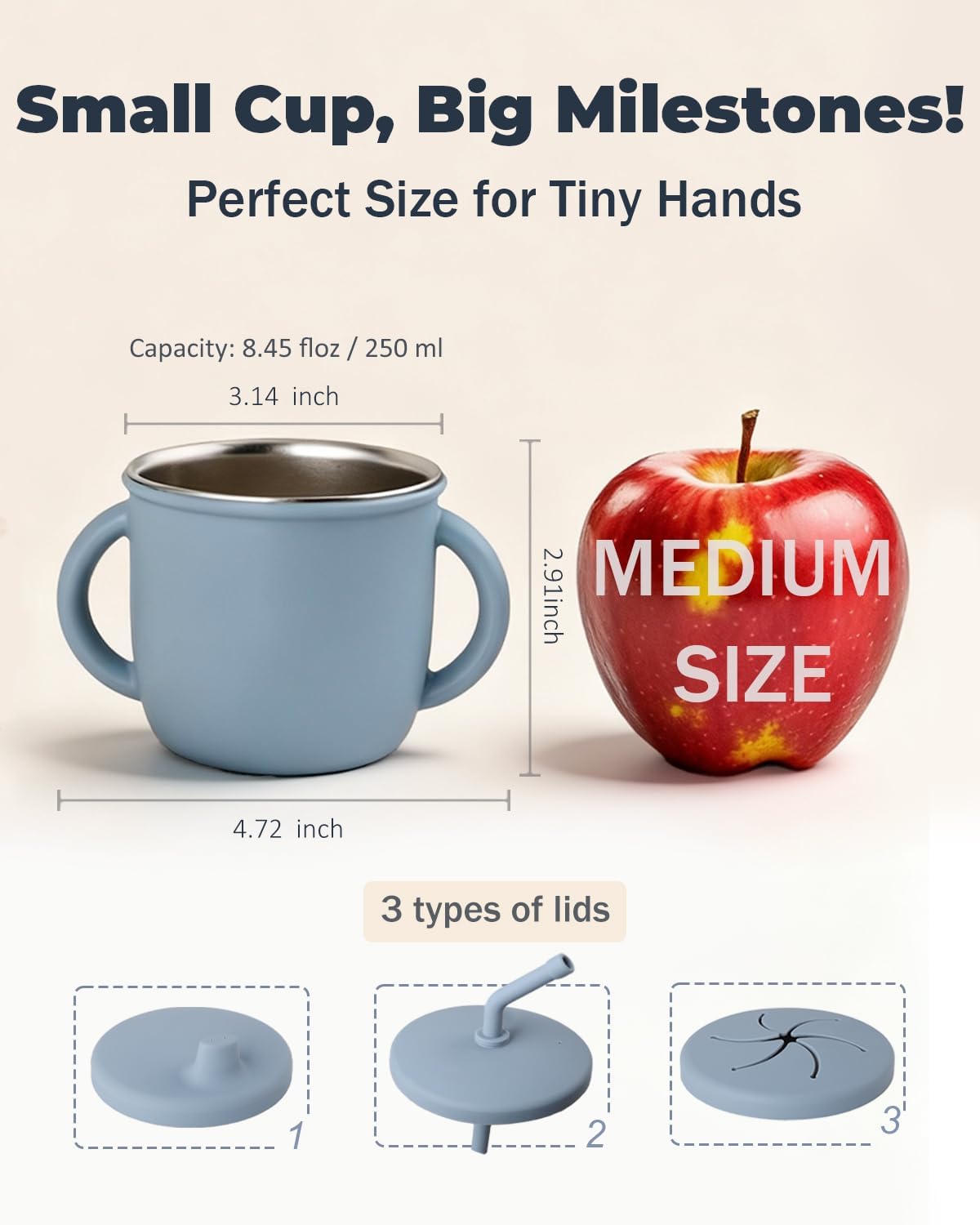 4-in-1 Stainless Steel Silicone Sippy Cup, 8.5oz Toddler Open Cup with Straw, Sippy & Snack Lids, For Baby Led Weaning, Toddlers 1-3 Years Trainning Kids Drinking, Dishwasher Safe,Cloudy Blue - Image 4