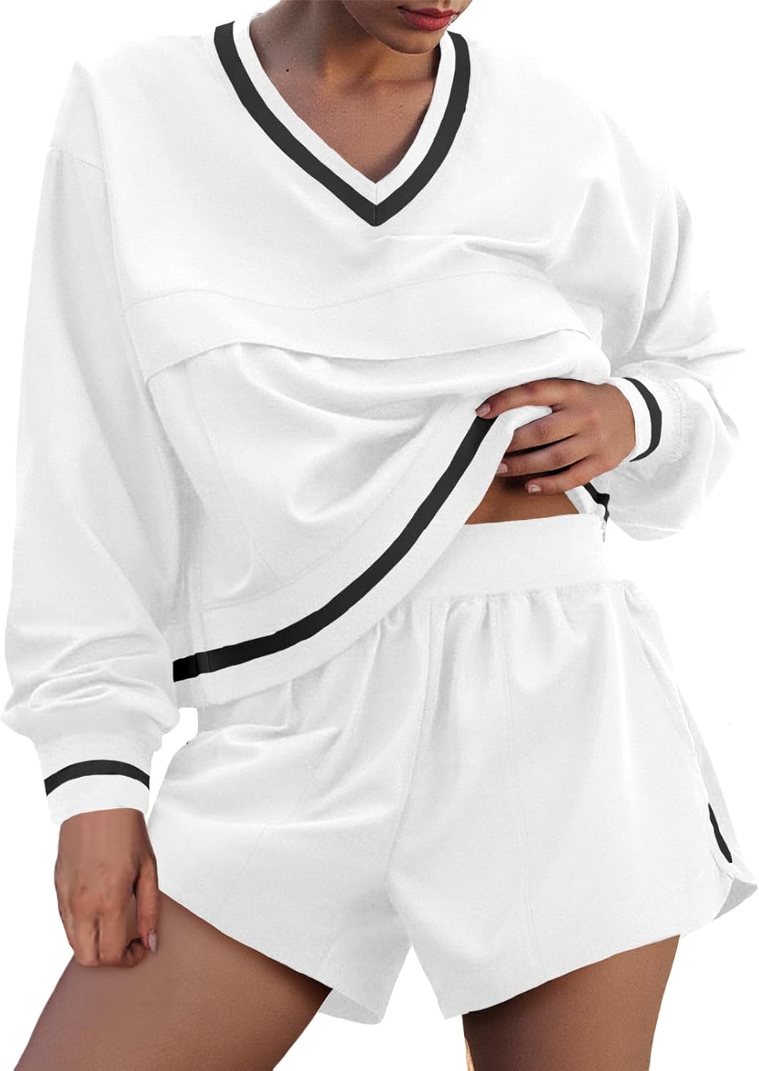 Fisoew Womens 2 Piece Outfits Long Sleeve V Neck Sweatshirt High Waist Running Shorts Sets Loose Fall Workout Tracksuits