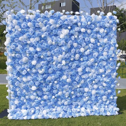 Image of 5D Three-Dimensional Simulation Blue and White Fabric Flower Wall, Artificial Rose Decorative Background Wall, Suitable for Wedding Hotel Layout Event Decoration(2.4m*2.4m)