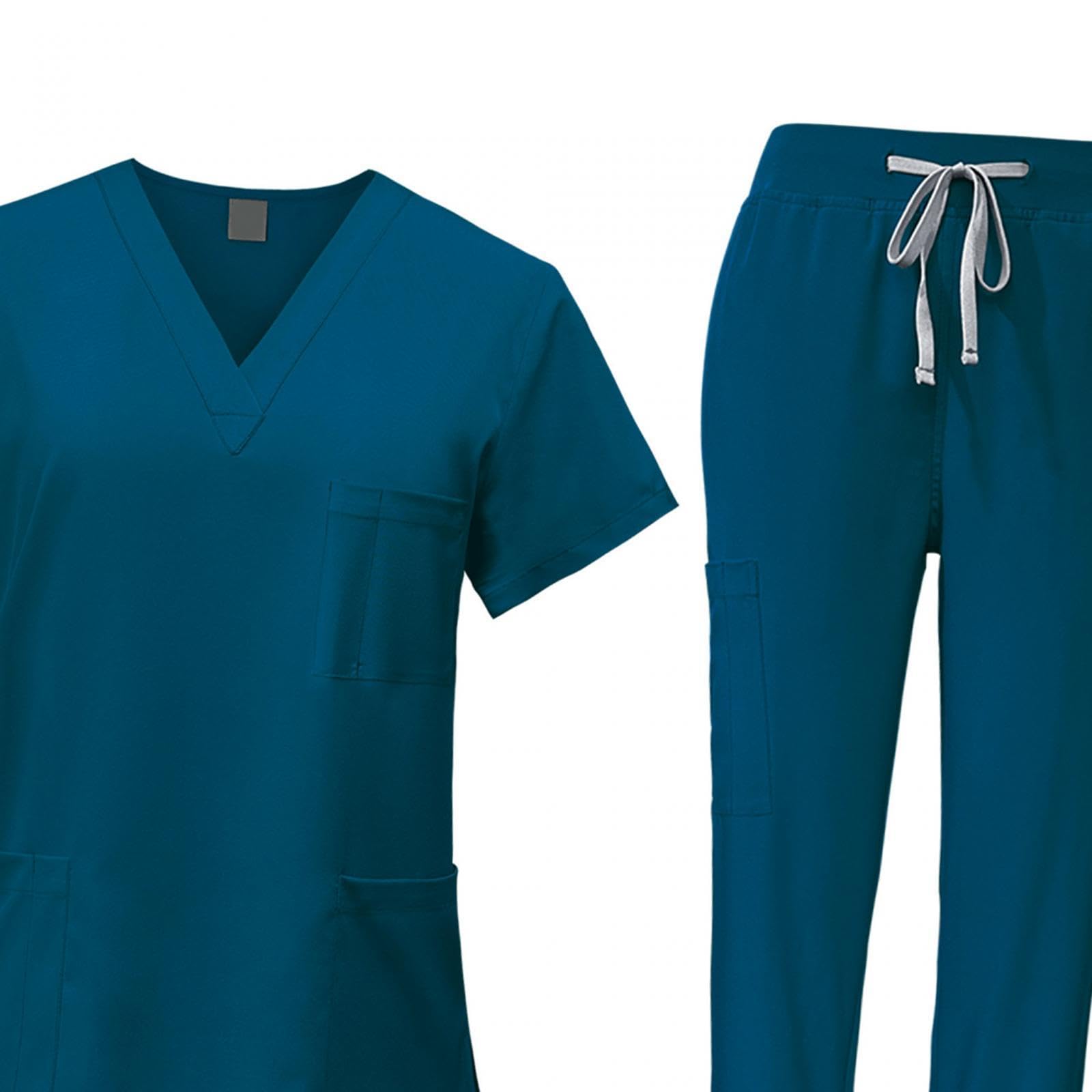 LOVIVER Female Scrub Set Nurse Workwear V Neckline Professional Machine Washable Top and Joggers Pant Work Clothing for Beauty Center, Blue, XL