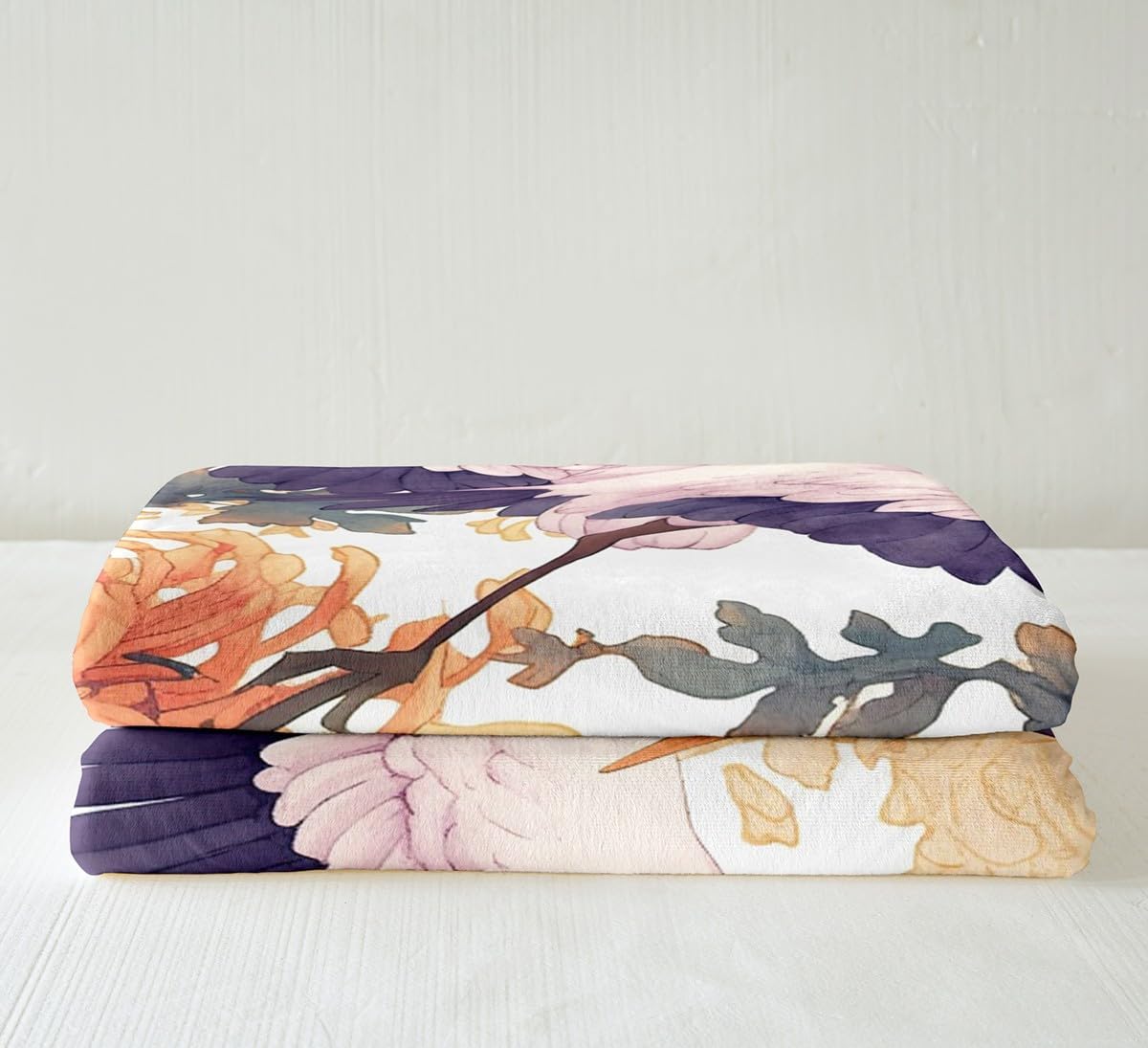 Feelyou Japanese-Style Fleece Throw Blanket Twin 60"x80" Kids Botanical Plants Print Plush Blanket for Boys Girls Teens Chrysanthemum Sherpa Blanket Crane Print Fuzzy Blanket