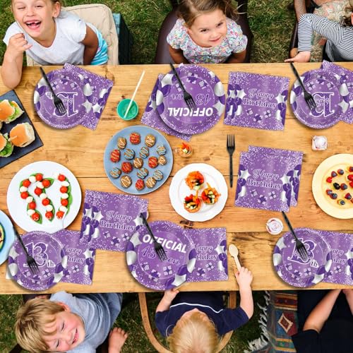 Image of Qyeahkj 100 Pcs Purple Official Teen Birthday Decor 13th Birthday Plates Napkins Forks Set Disposable Official 13th Tableware Teenager Paper Plates Dinnerware Decorations Serve 25