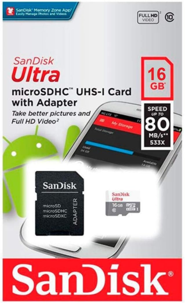 SanDisk Ultra Micro SD Card Android - Class 10-16GB with Adaptor - SDSQUNS-016G-GN3MA