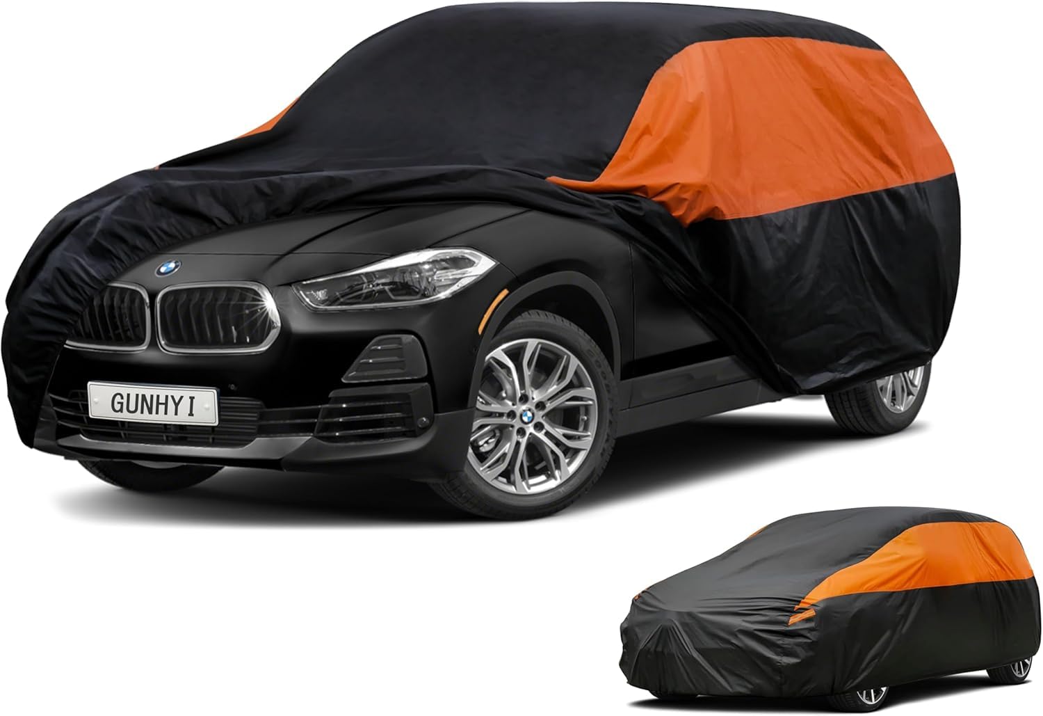 GUNHYI Waterproof Lightweight Full Car Cover Custom Fit BMW X2 | All‑weather Outdoor sun/rain/dust/snow/wind/UV protection, breathable tear‑resistant fabric, black‑orange design,storage bag