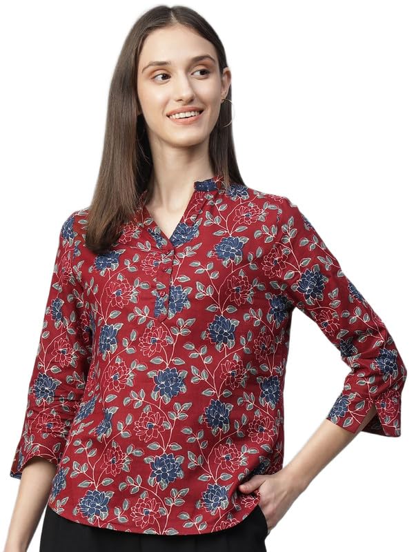 hancock Maroon Women Floral Printed Mandarin Collar Pure Cotton Formal Top-picture-12