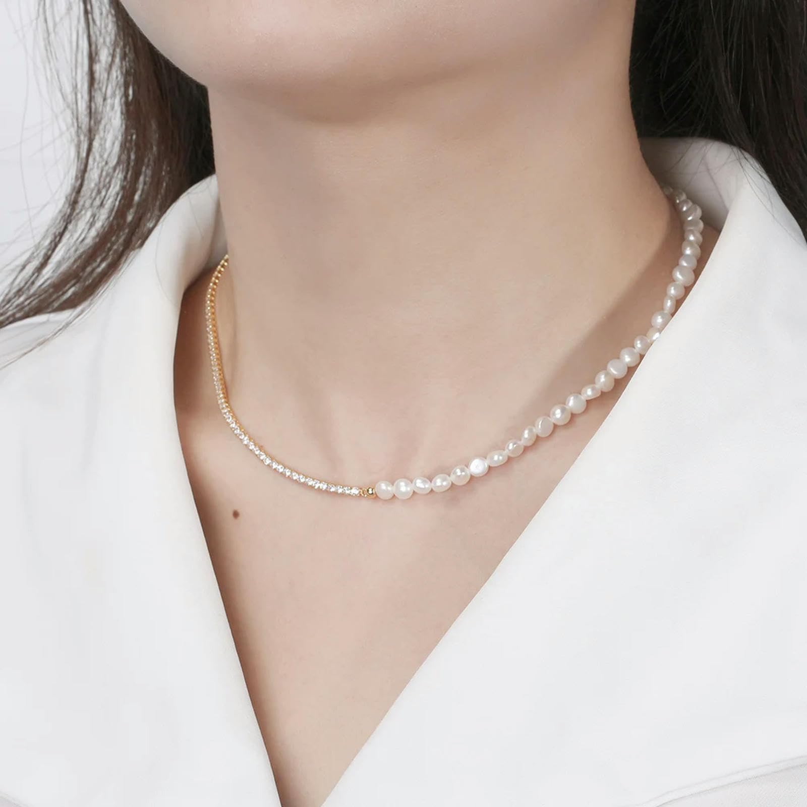 KELIEQA Collar de Perlas de Plata de Oro 925 con Perla barroca Natural de 3-4 mm Hecha a Mano Pearla pequeña para Mujeres