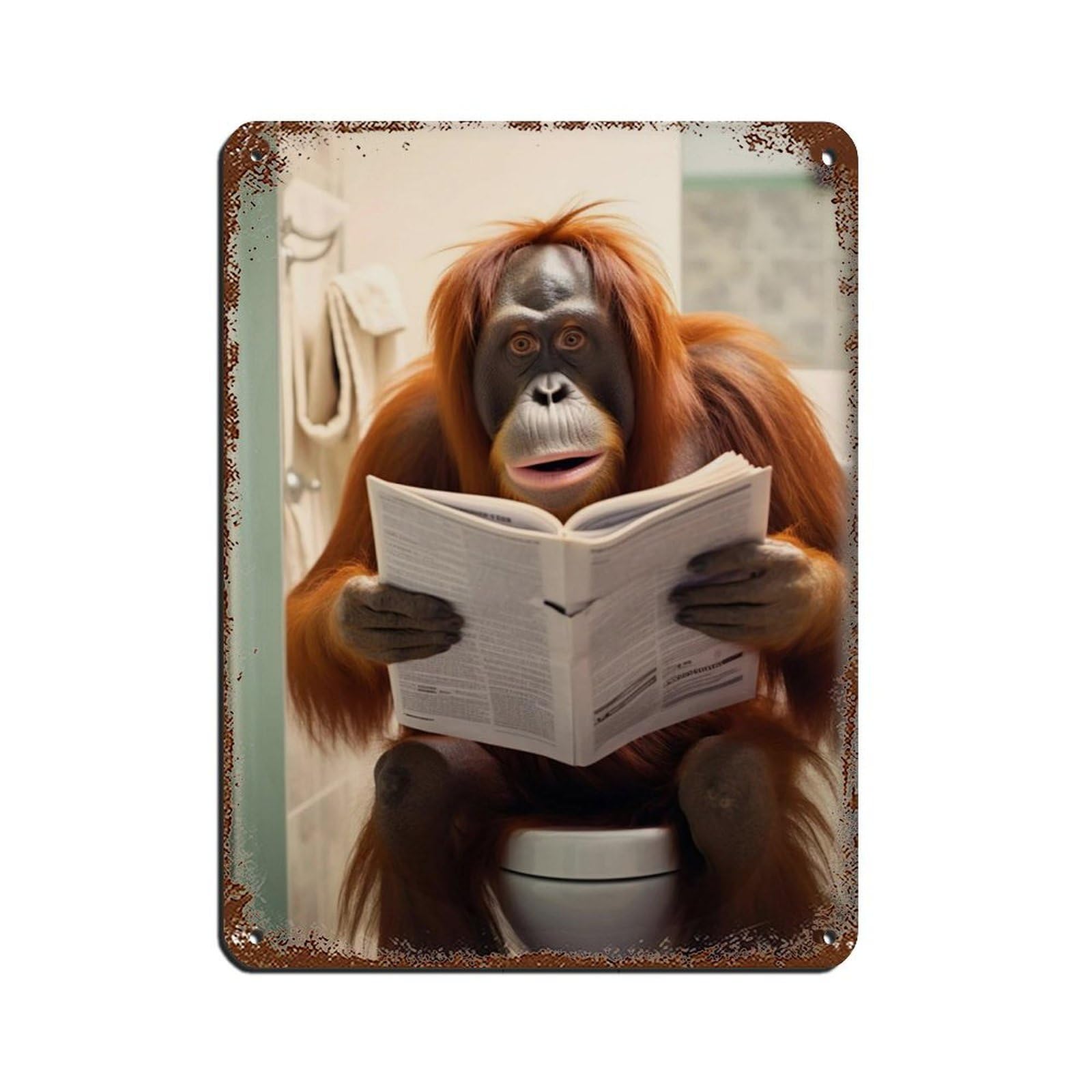 Lxwnze 30L X 40W Cm Orangutan Ape Sitting On The Toilet Reading A Newspaper (3) Tin Sign Vintage Metal Pub Club Cafe Bar Home Wall Art Decoration Poster Retro 12X16inch(30X40cm)